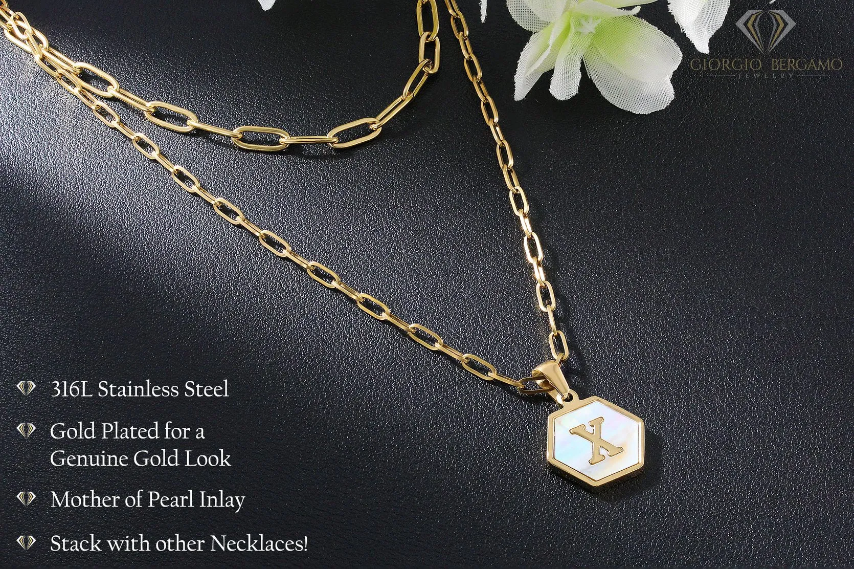 Stainless Steel Gold Plated Mother of Pearl Initial A - Z Layered Paper Clip Choker Necklace