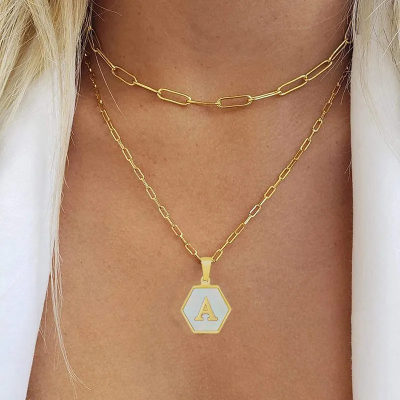 Stainless Steel Gold Plated Mother of Pearl Initial A - Z Layered Paper Clip Choker Necklace