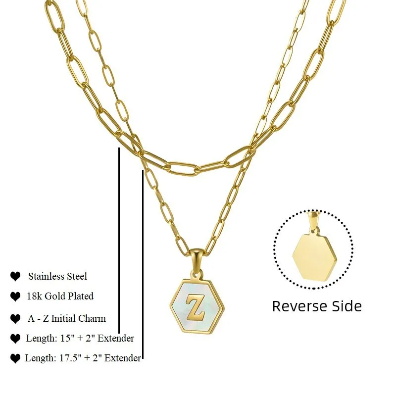 Stainless Steel Gold Plated Mother of Pearl Initial A - Z Layered Paper Clip Choker Necklace