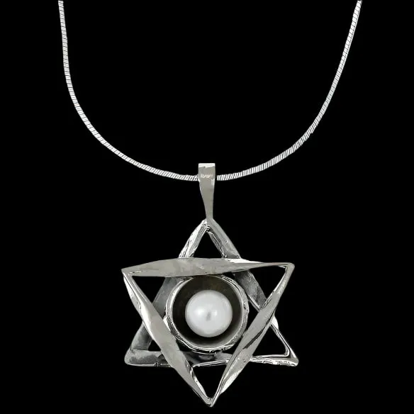 Star of David Necklace , Sterling silver necklace set with a pearl
