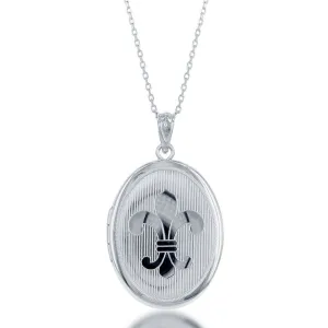 Sterling Silver Fleur De Lis Oval Locket Pendant With Chain