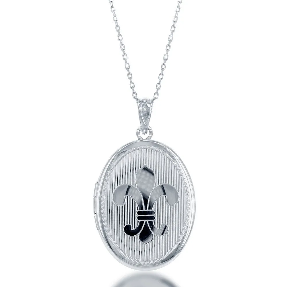 Sterling Silver Fleur De Lis Oval Locket Pendant With Chain