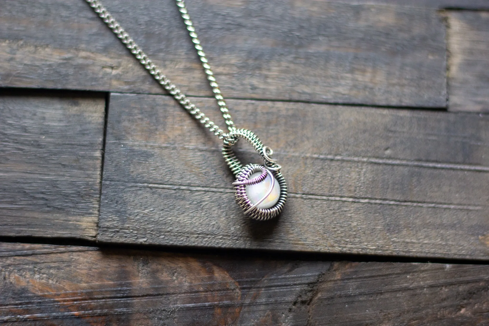 Sterling Silver Mini Pendant with Iridescent White Fused Glass Accent