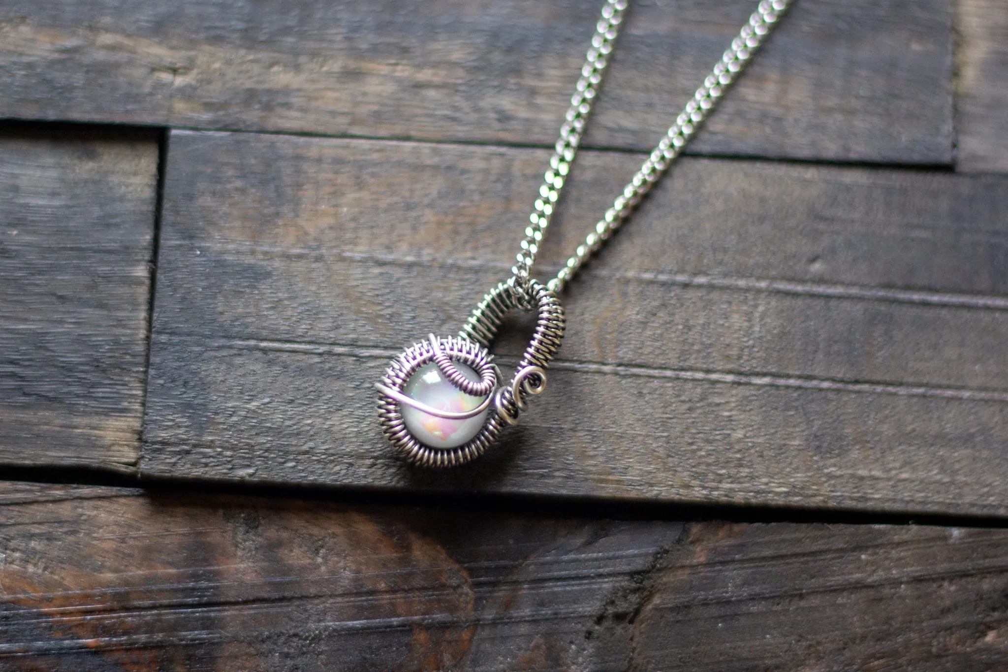 Sterling Silver Mini Pendant with Iridescent White Fused Glass Accent