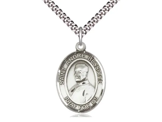Sterling Silver St Andre Bessette Pendant on a 24 inch Light Rhodium Heavy Curb Chain.