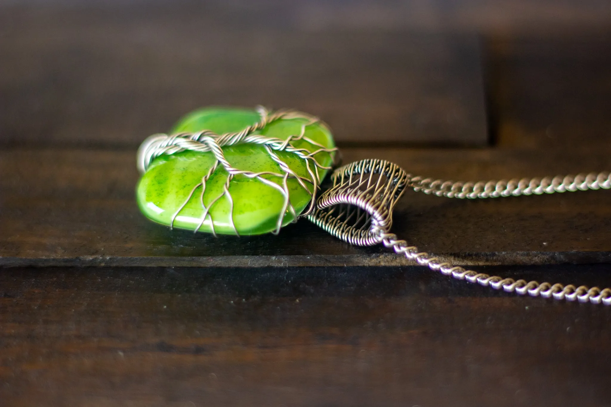 Sterling Silver Tree of Life Pendant with Glittery Green Fused Glass