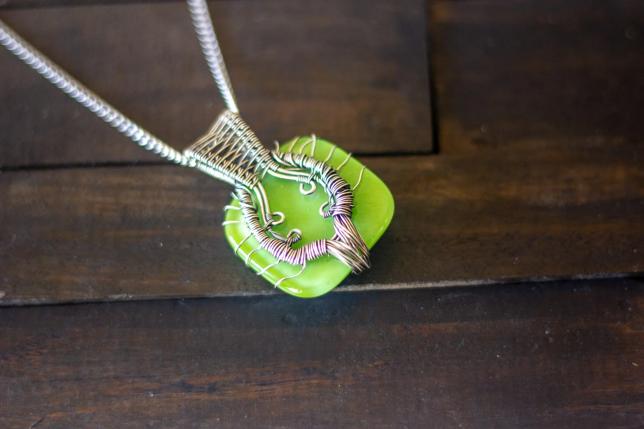 Sterling Silver Tree of Life Pendant with Glittery Green Fused Glass