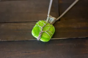 Sterling Silver Tree of Life Pendant with Glittery Green Fused Glass