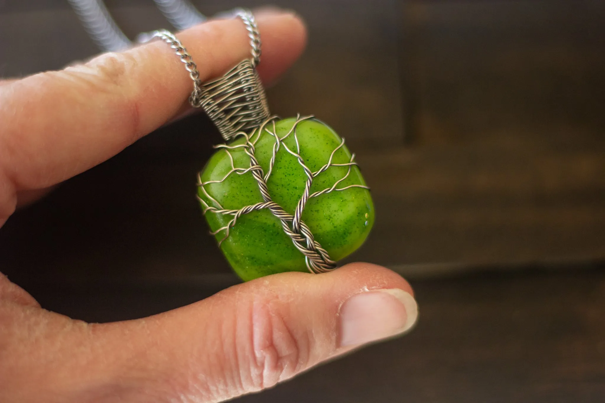 Sterling Silver Tree of Life Pendant with Glittery Green Fused Glass