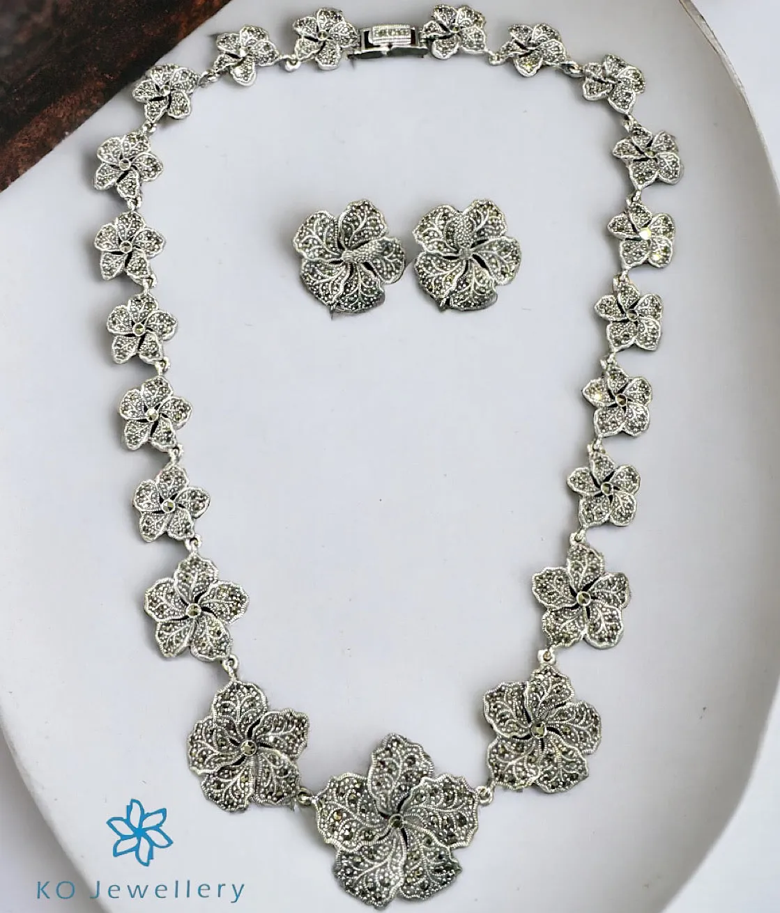 The Fragipani Silver Marcasite Necklace & Earrings