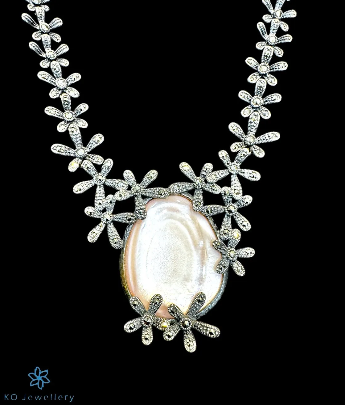 The Ryna Silver Marcasite Necklace & Earrings (Pearl)