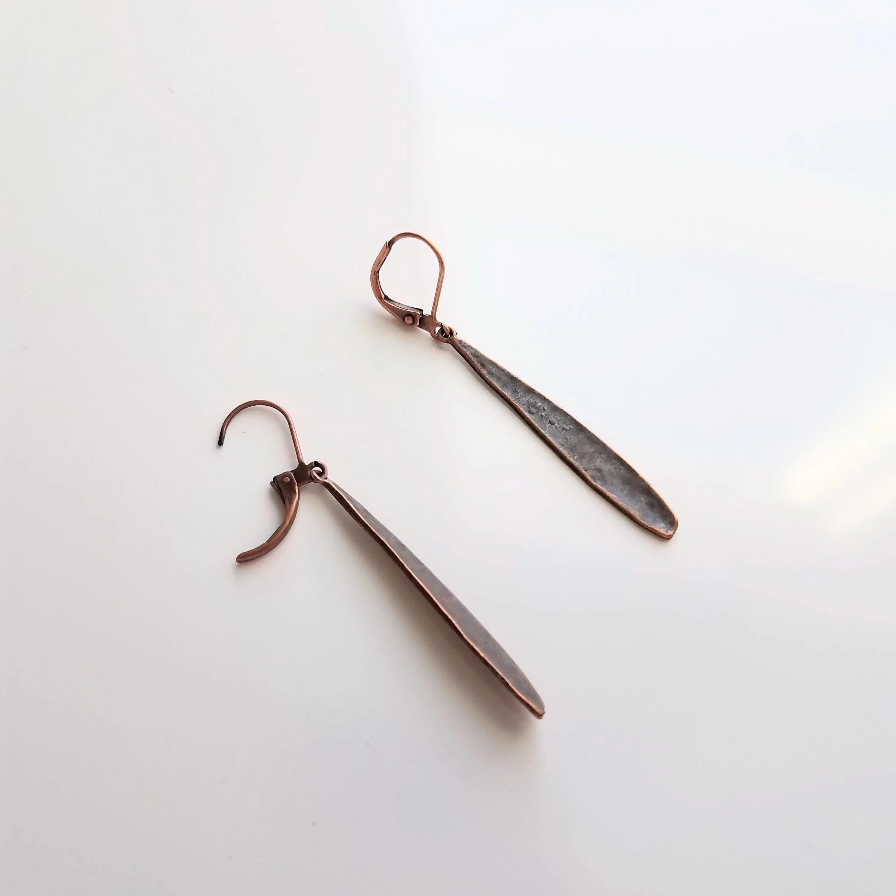 Thin Copper Teardrop Earrings, copper drop earring, long skinny earring, antique copper earring, rustic earring, narrow drop, lever back