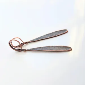 Thin Copper Teardrop Earrings, copper drop earring, long skinny earring, antique copper earring, rustic earring, narrow drop, lever back