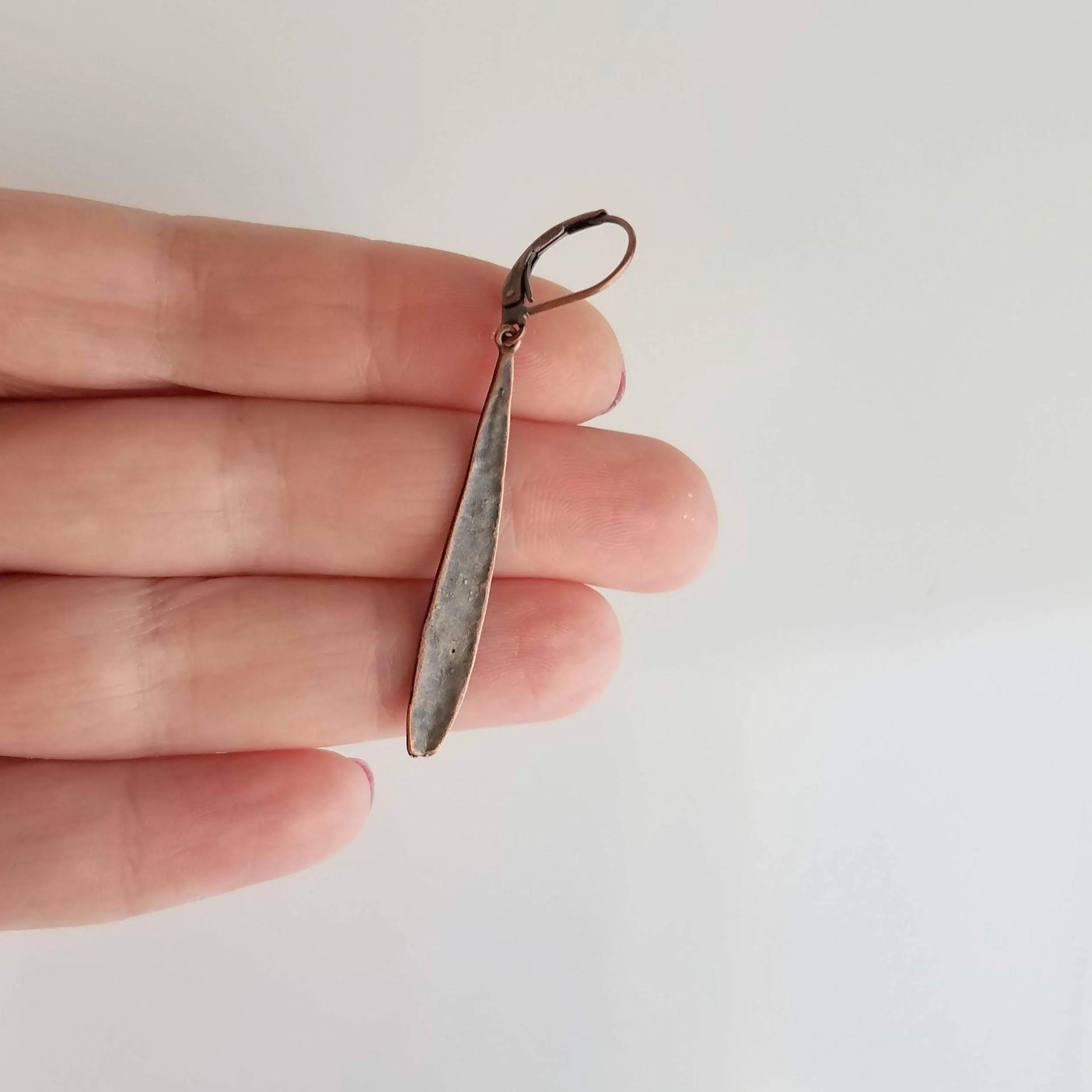 Thin Copper Teardrop Earrings, copper drop earring, long skinny earring, antique copper earring, rustic earring, narrow drop, lever back