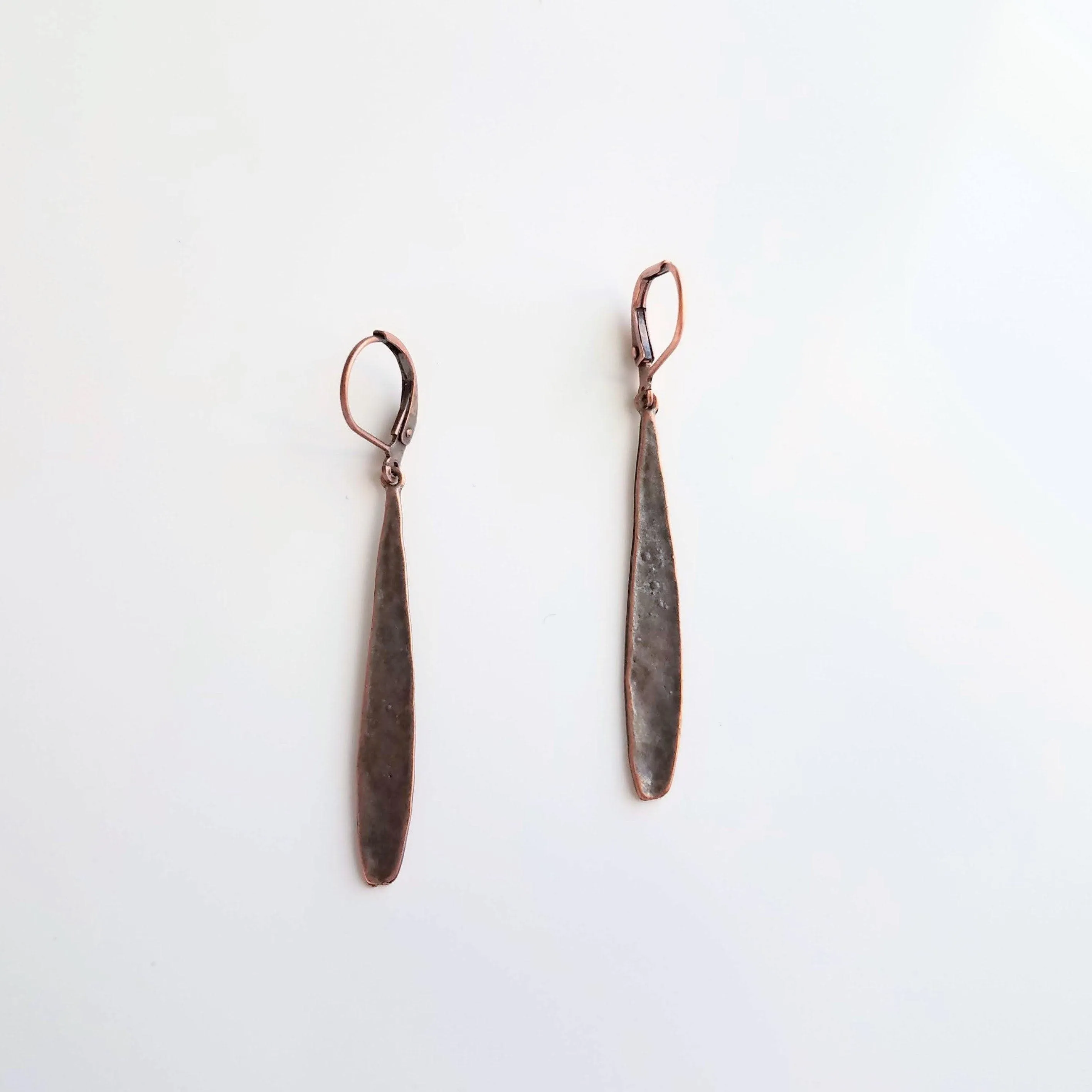 Thin Copper Teardrop Earrings, copper drop earring, long skinny earring, antique copper earring, rustic earring, narrow drop, lever back