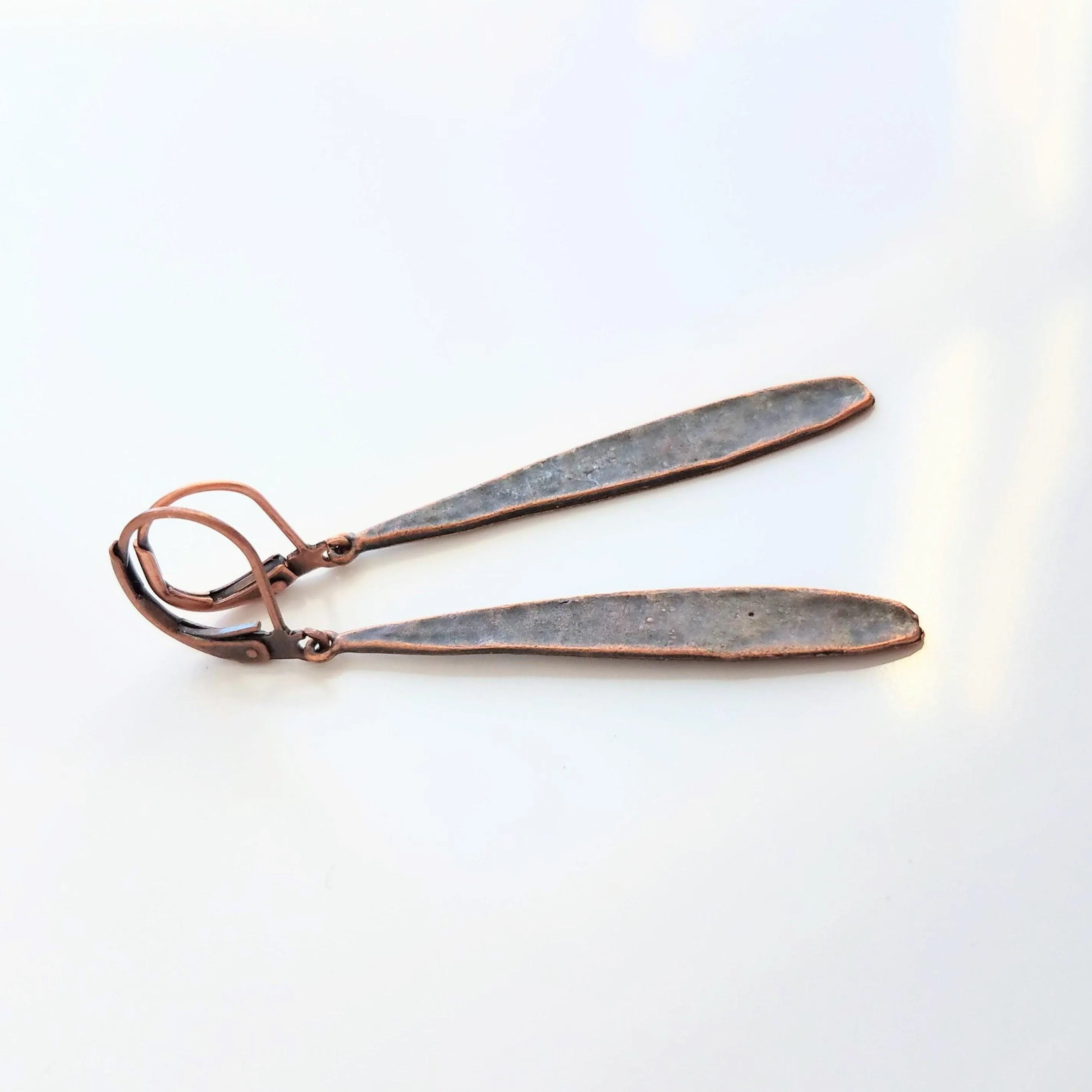Thin Copper Teardrop Earrings, copper drop earring, long skinny earring, antique copper earring, rustic earring, narrow drop, lever back