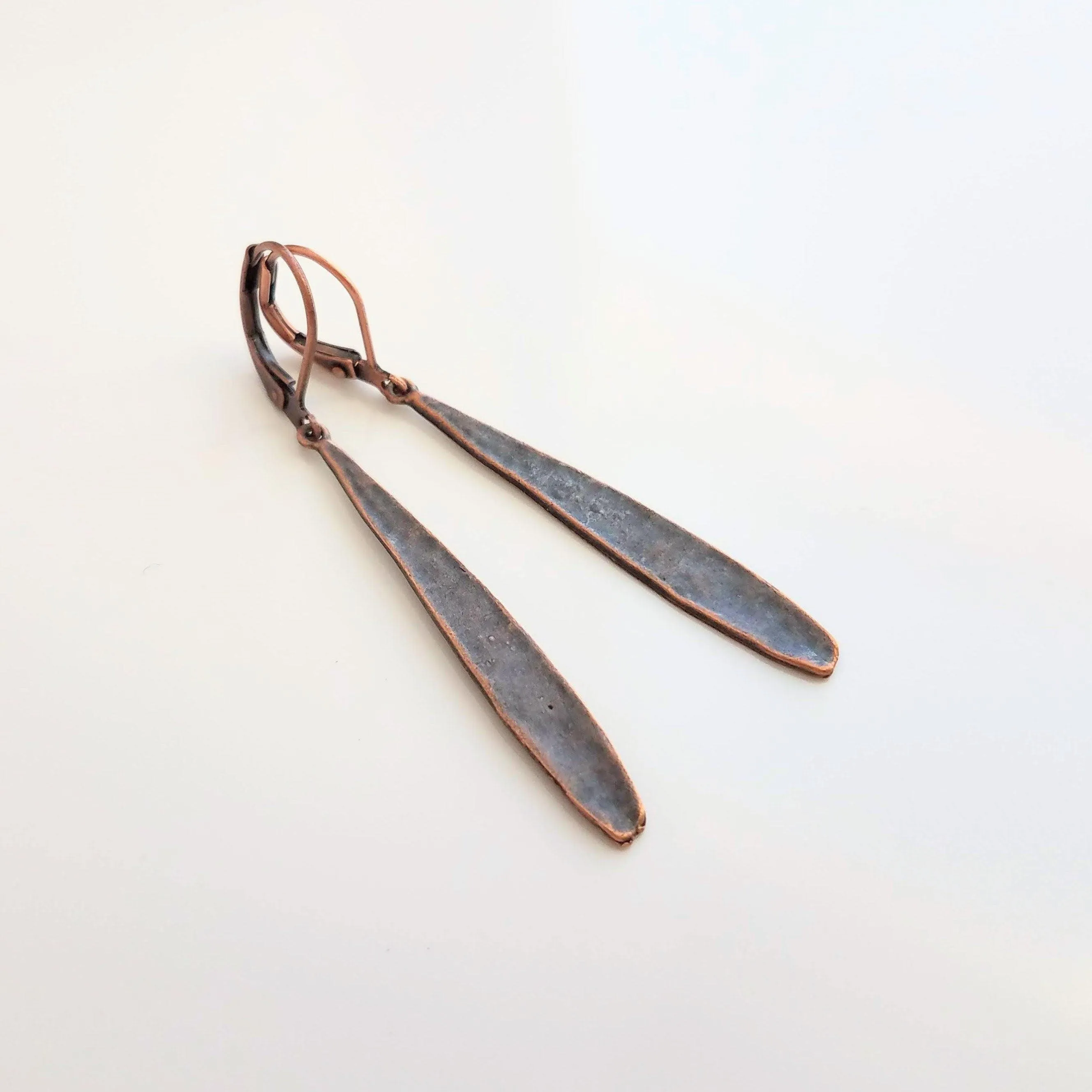 Thin Copper Teardrop Earrings, copper drop earring, long skinny earring, antique copper earring, rustic earring, narrow drop, lever back