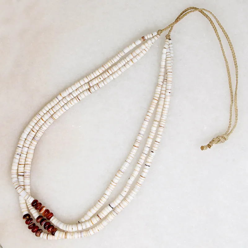 Three Strand Heishi & Rondel Shell Bead Necklace