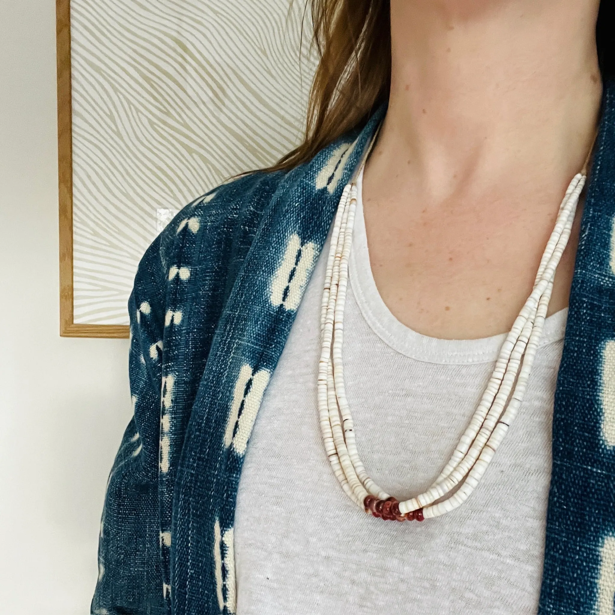 Three Strand Heishi & Rondel Shell Bead Necklace