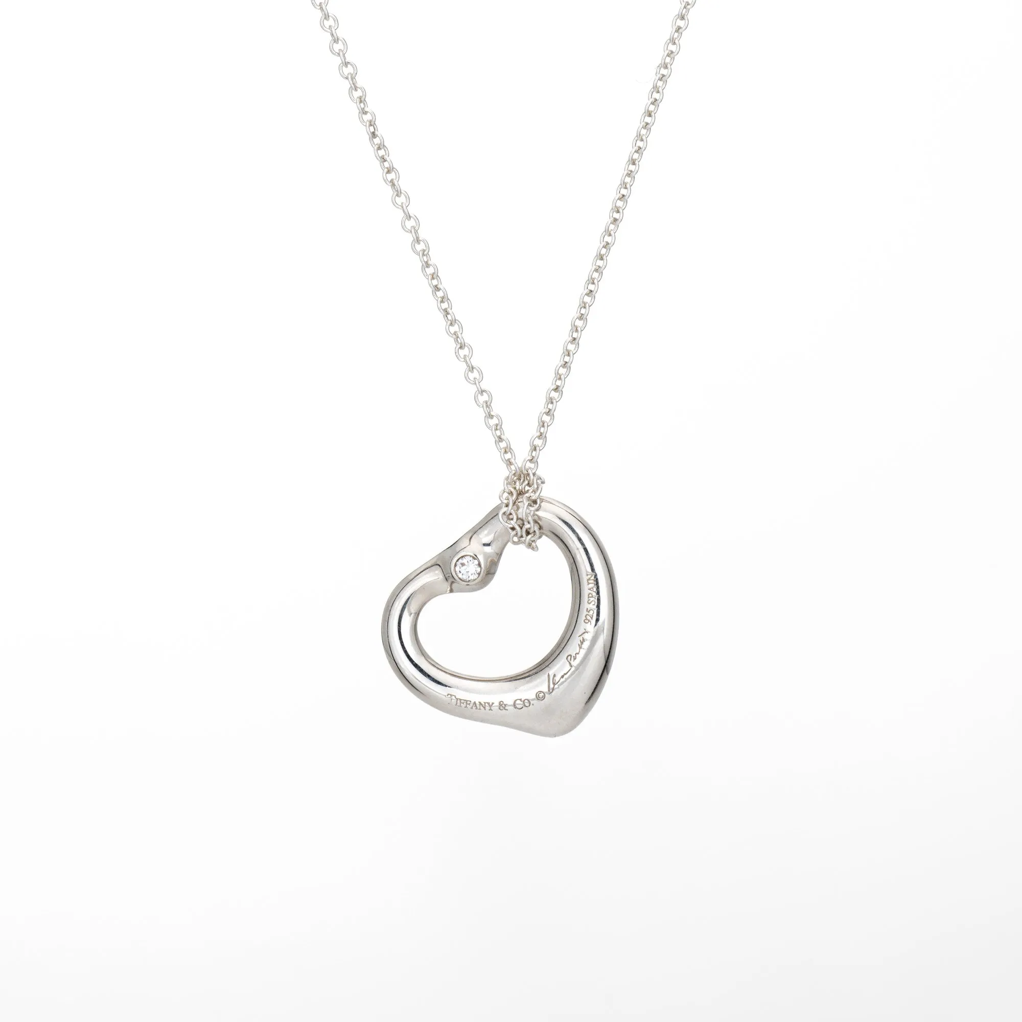 Tiffany & Co 16mm Open Heart Diamond Necklace Sterling Silver Estate Signed