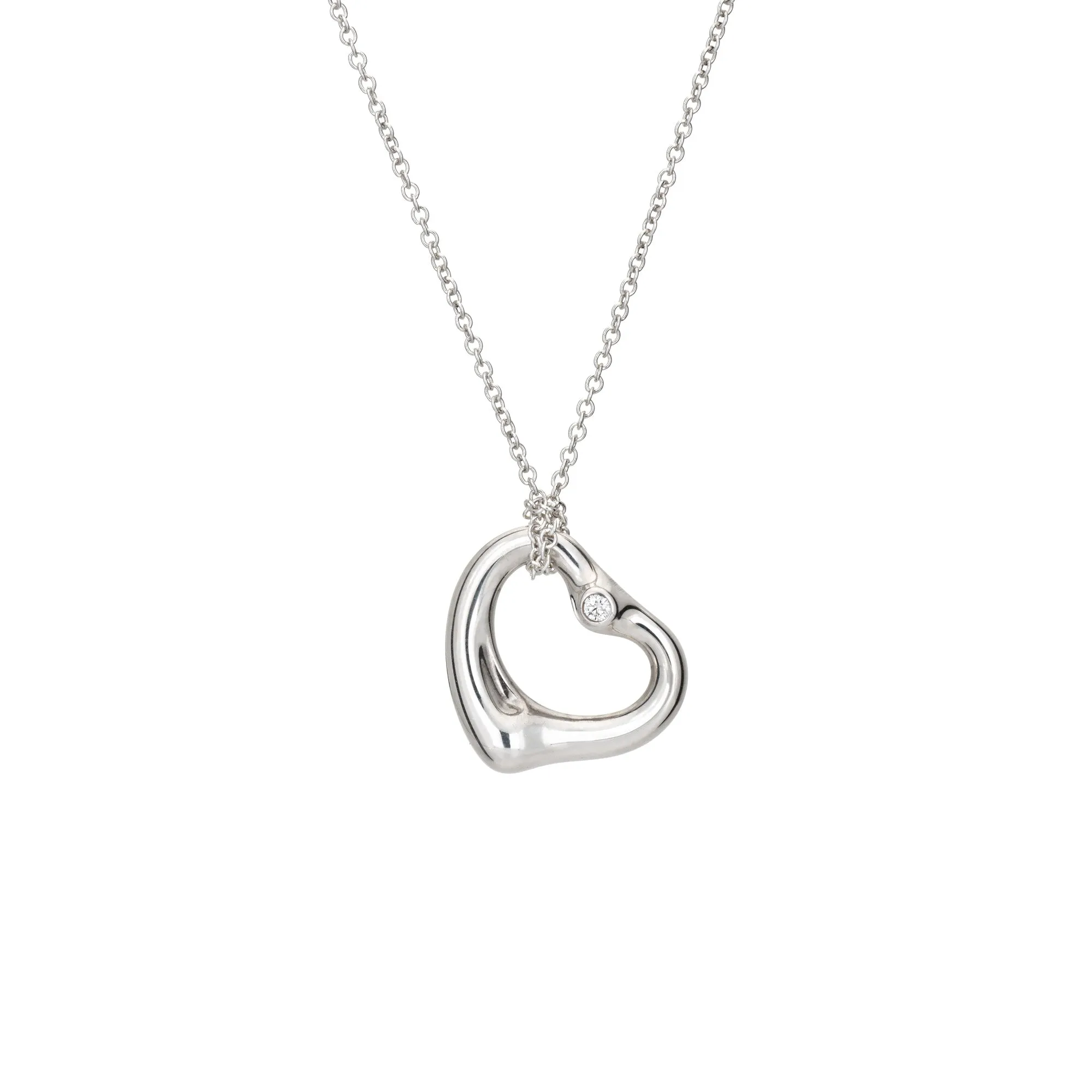Tiffany & Co 16mm Open Heart Diamond Necklace Sterling Silver Estate Signed