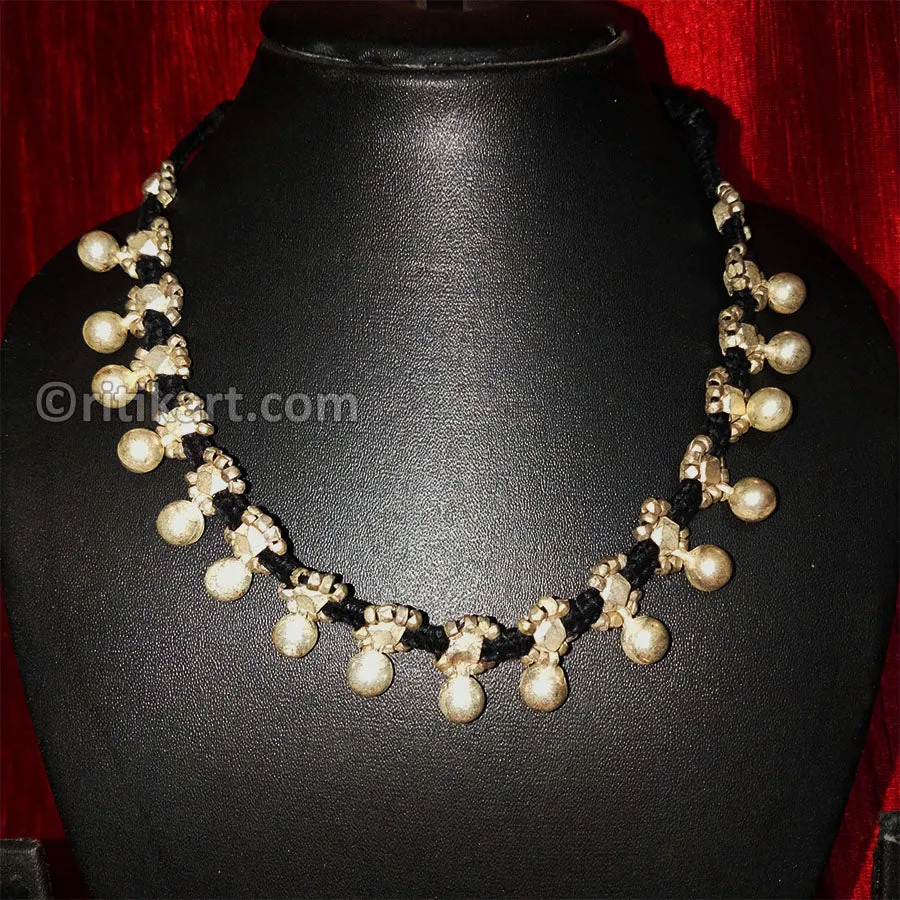 Tribal Necklace Brass White Balls embedded in Black Thread