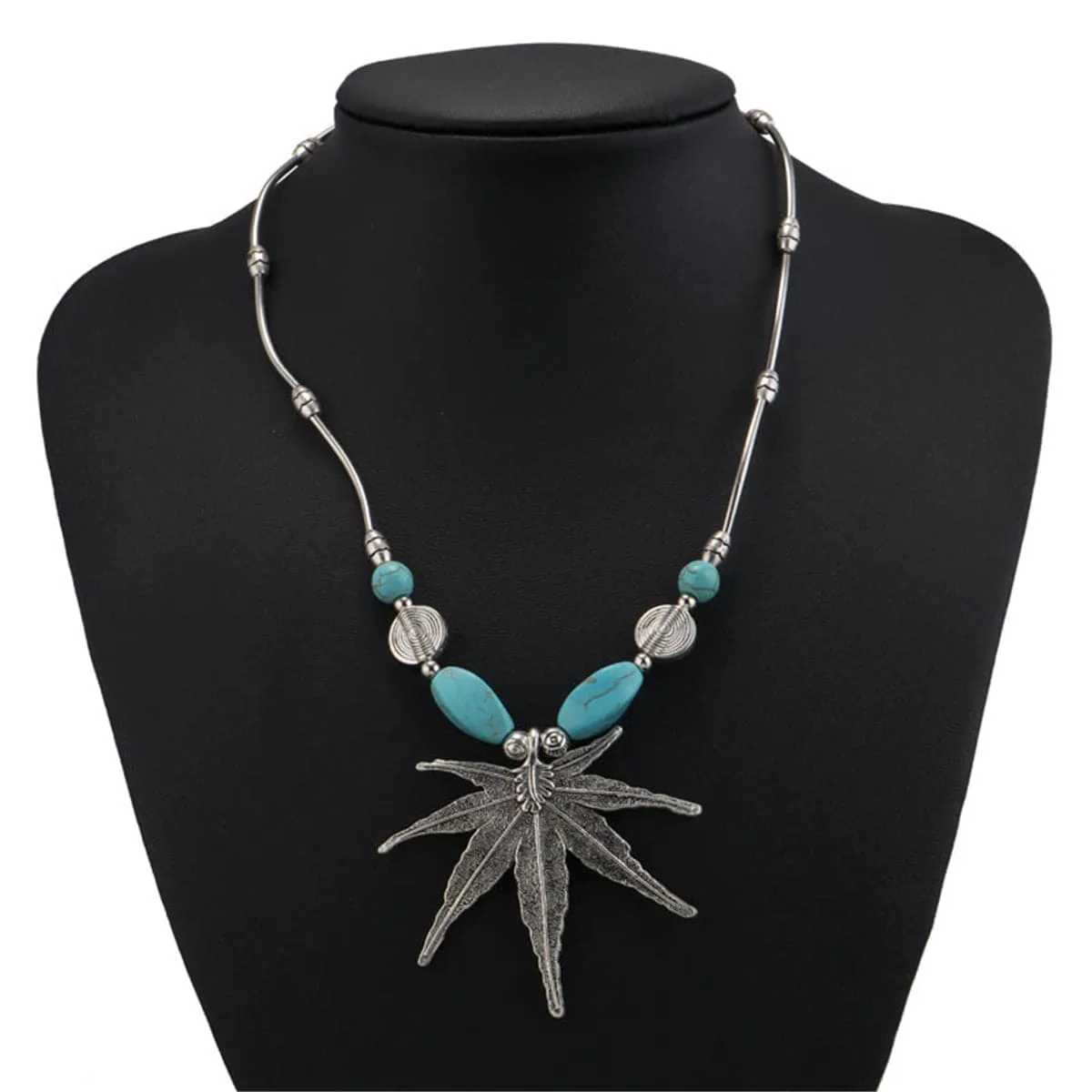Turquoise & Cubic Zirconia Silver-Plated Maple Leaf Necklace