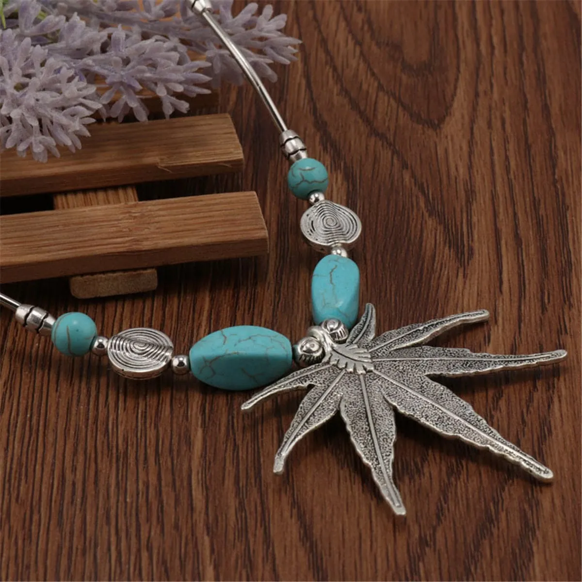 Turquoise & Cubic Zirconia Silver-Plated Maple Leaf Necklace