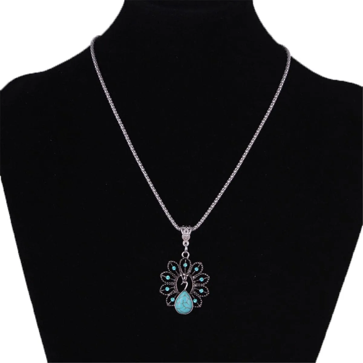 Turquoise & Cubic Zirconia Silver-Plated Peacock Pendant Necklace
