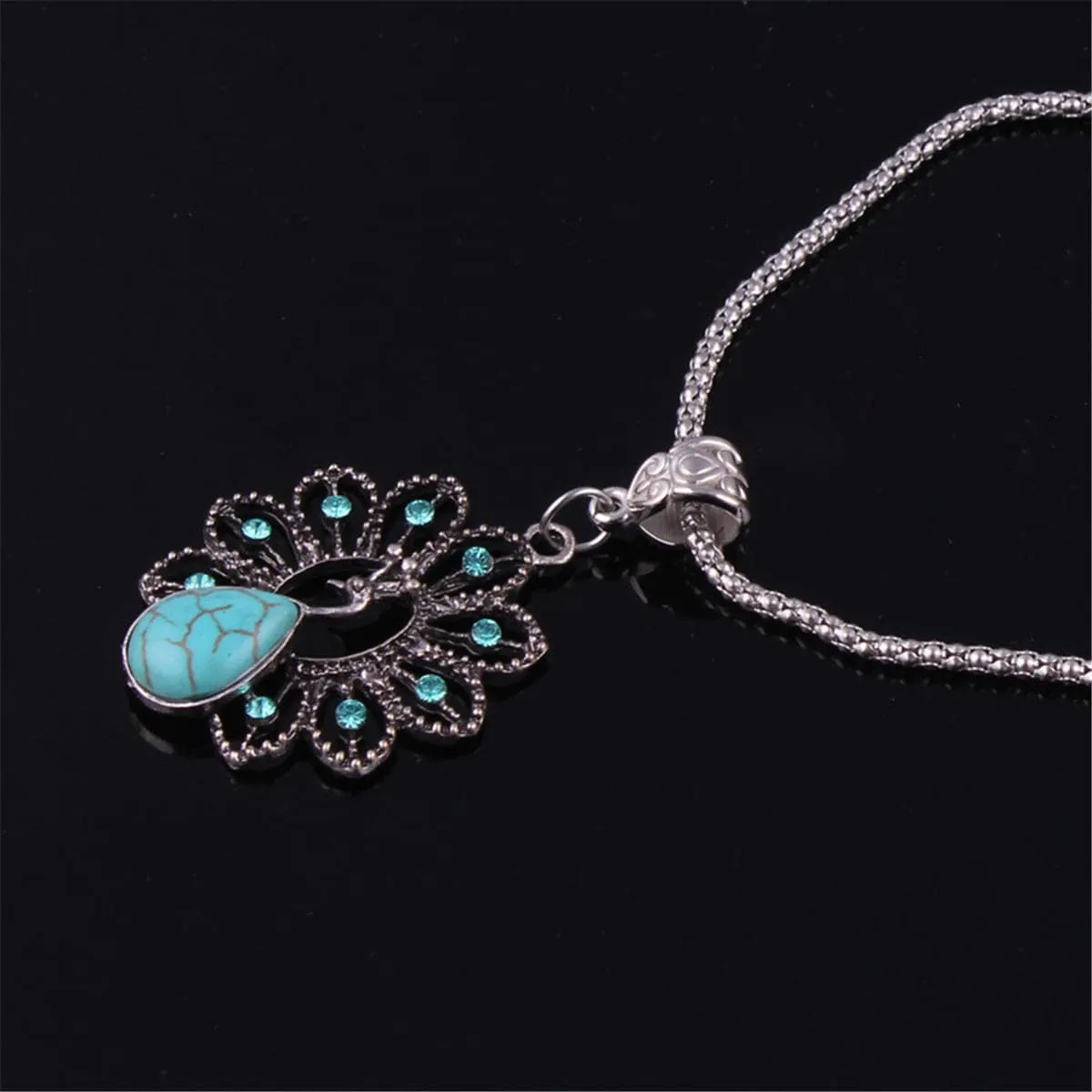 Turquoise & Cubic Zirconia Silver-Plated Peacock Pendant Necklace