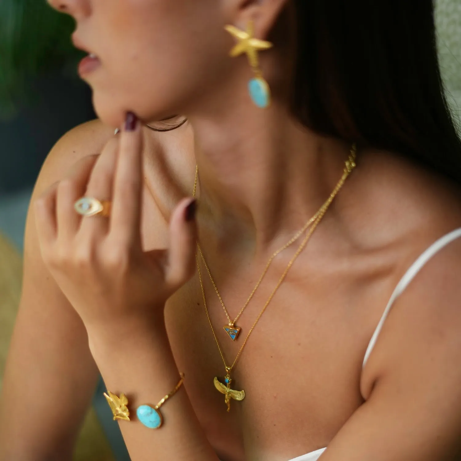 Turquoise & Gold Triangle Pendant Evil Eye Talisman Necklace