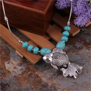 Turquoise & Silver-Plated Fish Pendant Necklace