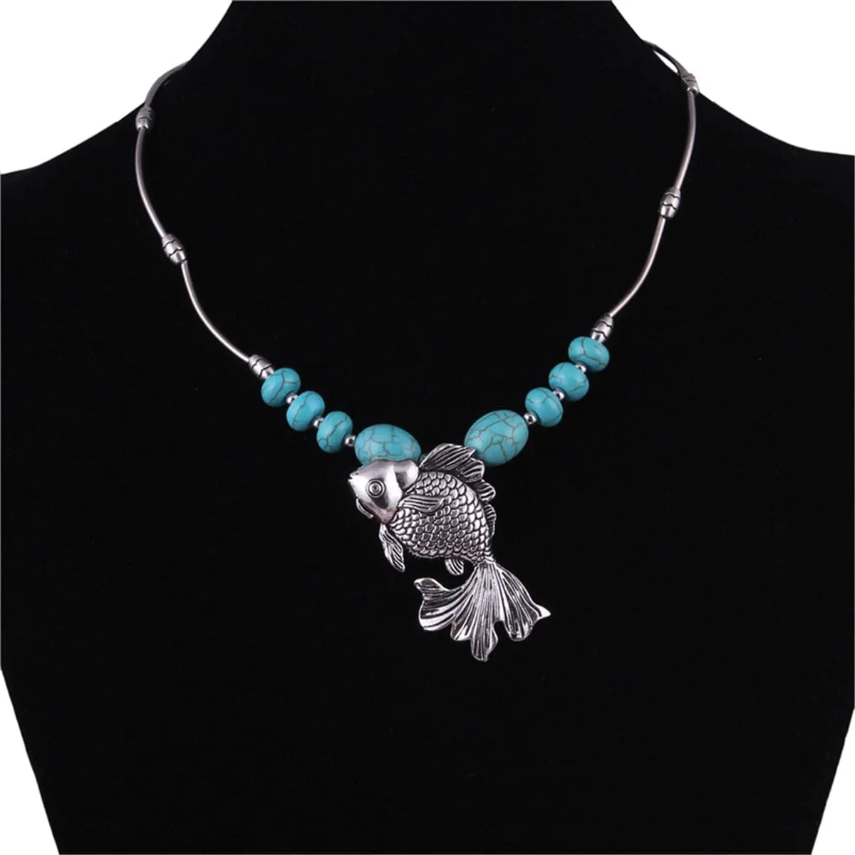 Turquoise & Silver-Plated Fish Pendant Necklace