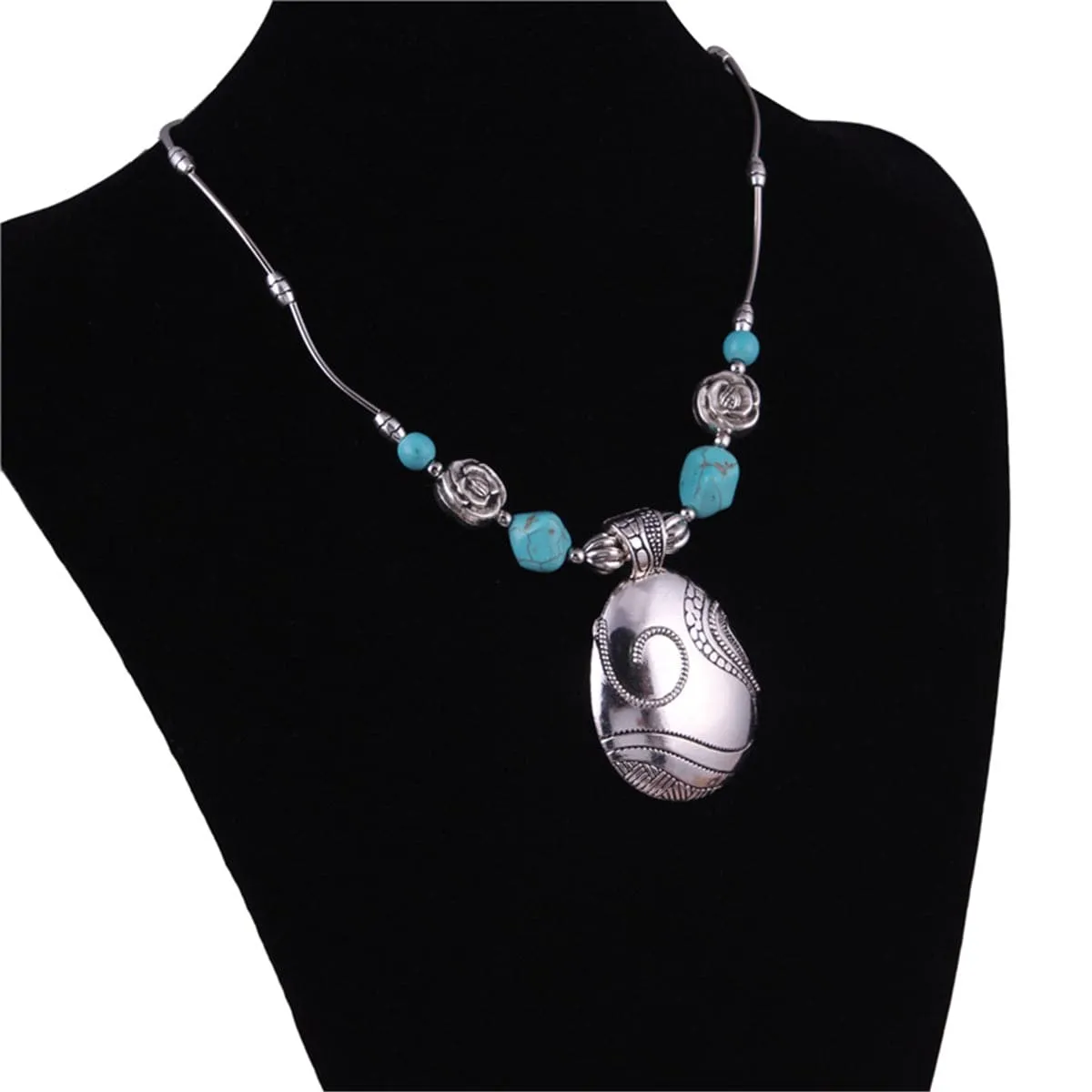 Turquoise & Silver-Plated Floral Teardrop Necklace