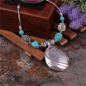 Turquoise & Silver-Plated Floral Teardrop Necklace