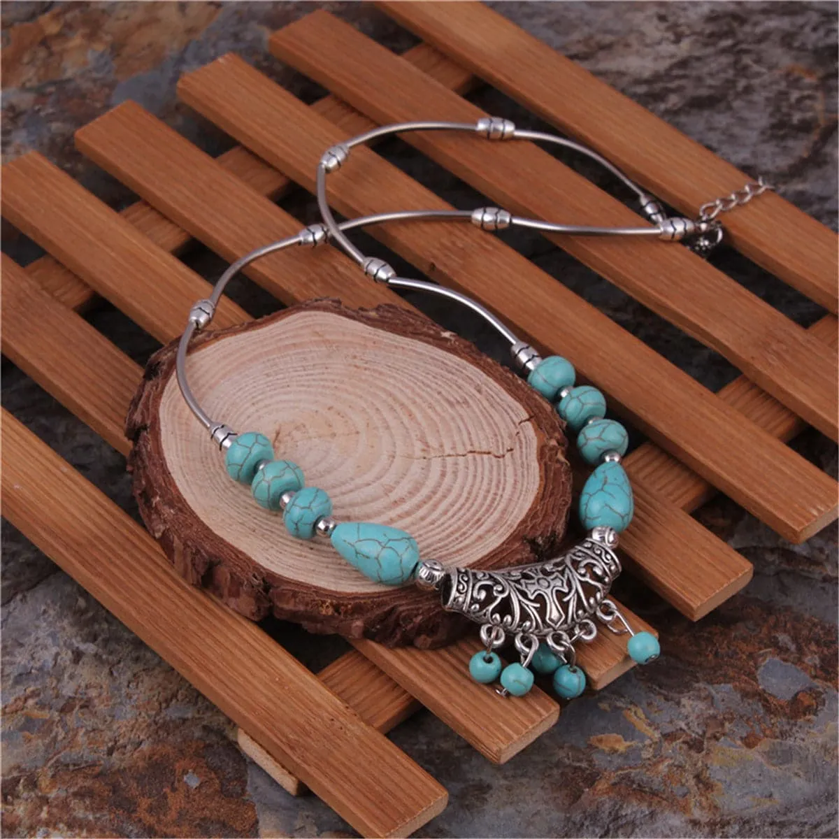 Turquoise & Silver-Plated Tassel Necklace