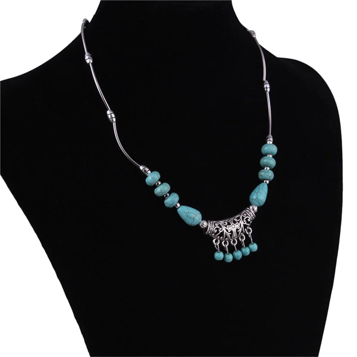 Turquoise & Silver-Plated Tassel Necklace
