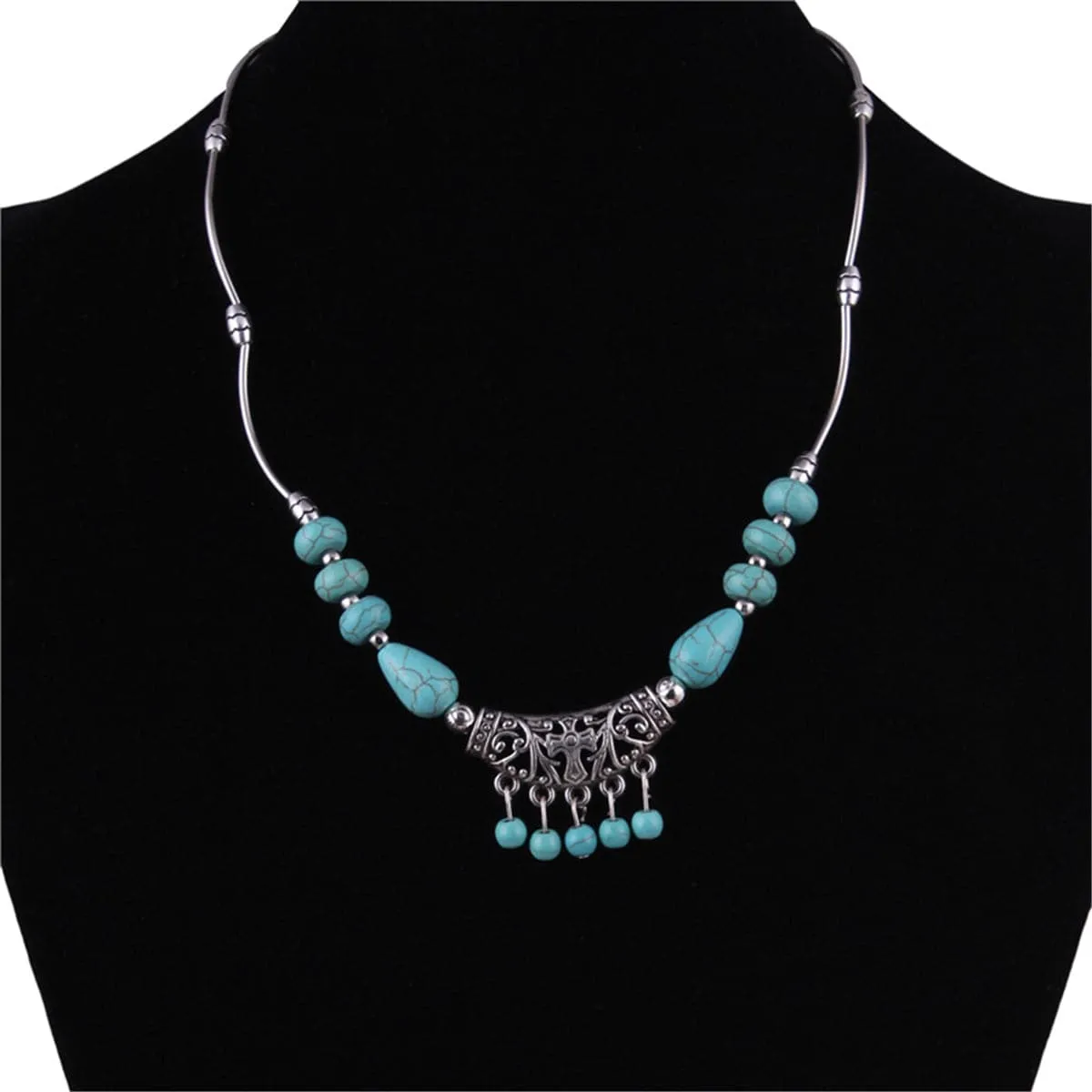 Turquoise & Silver-Plated Tassel Necklace