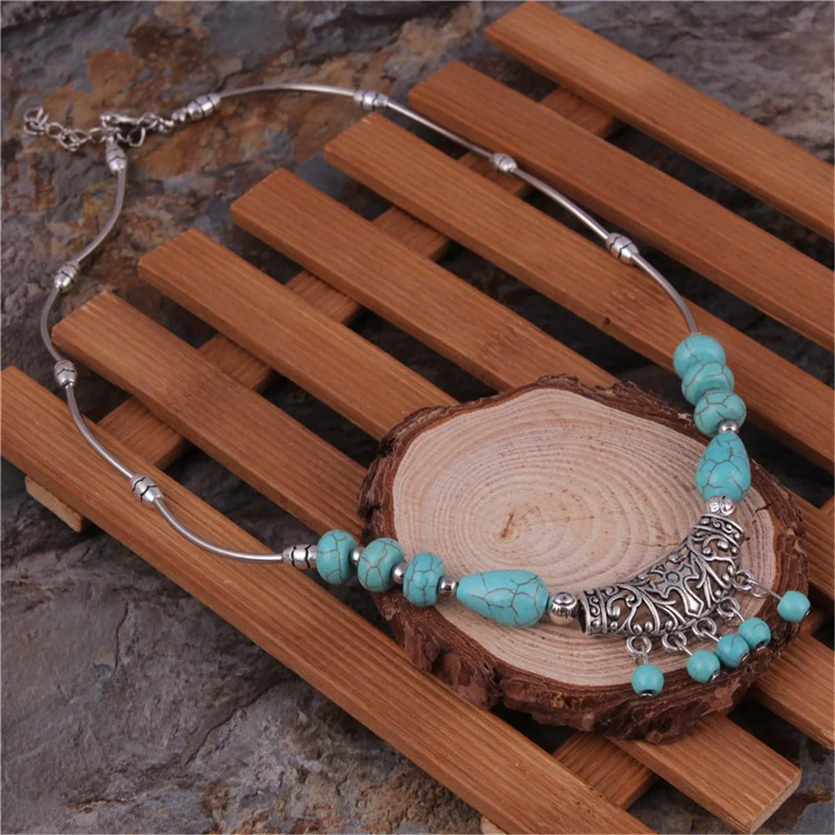 Turquoise & Silver-Plated Tassel Necklace