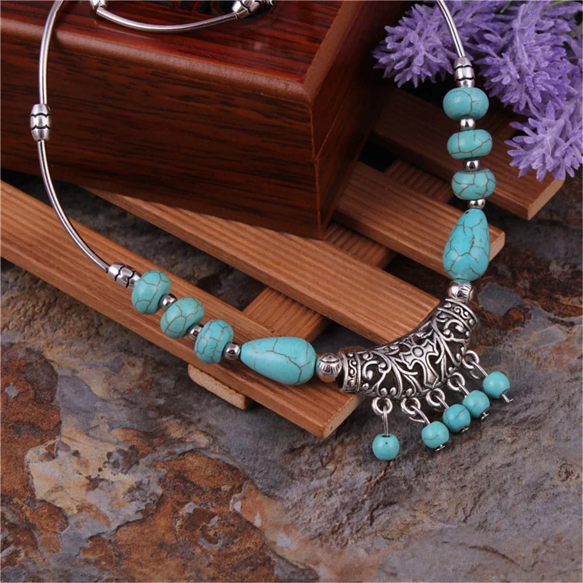 Turquoise & Silver-Plated Tassel Necklace