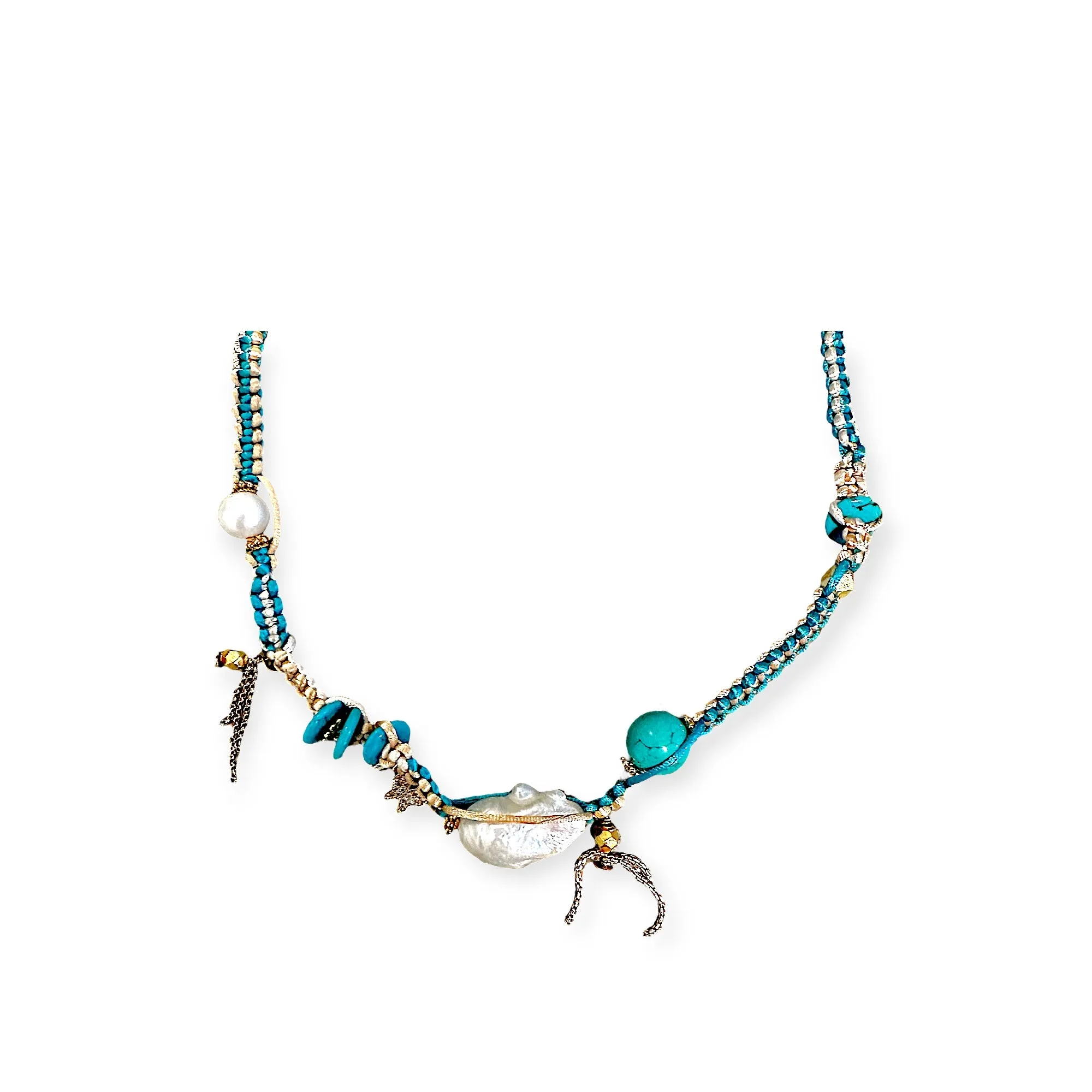 TURQUOISE BEACH BAROQUE PEARL LUCKY CHARM GOLD SILK ROCKER NECKLACE