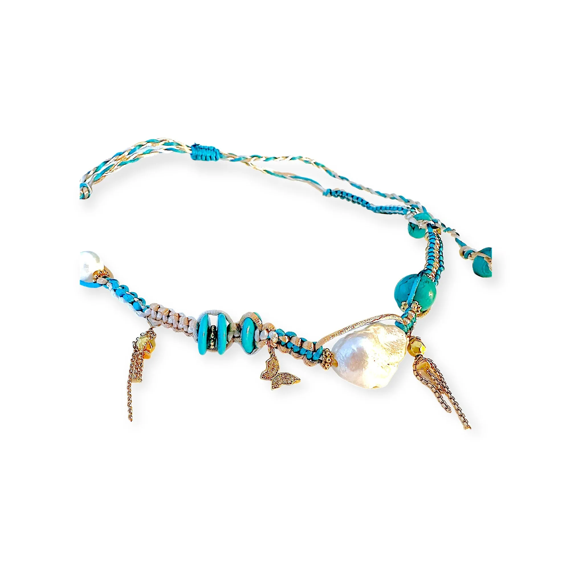 TURQUOISE BEACH BAROQUE PEARL LUCKY CHARM GOLD SILK ROCKER NECKLACE