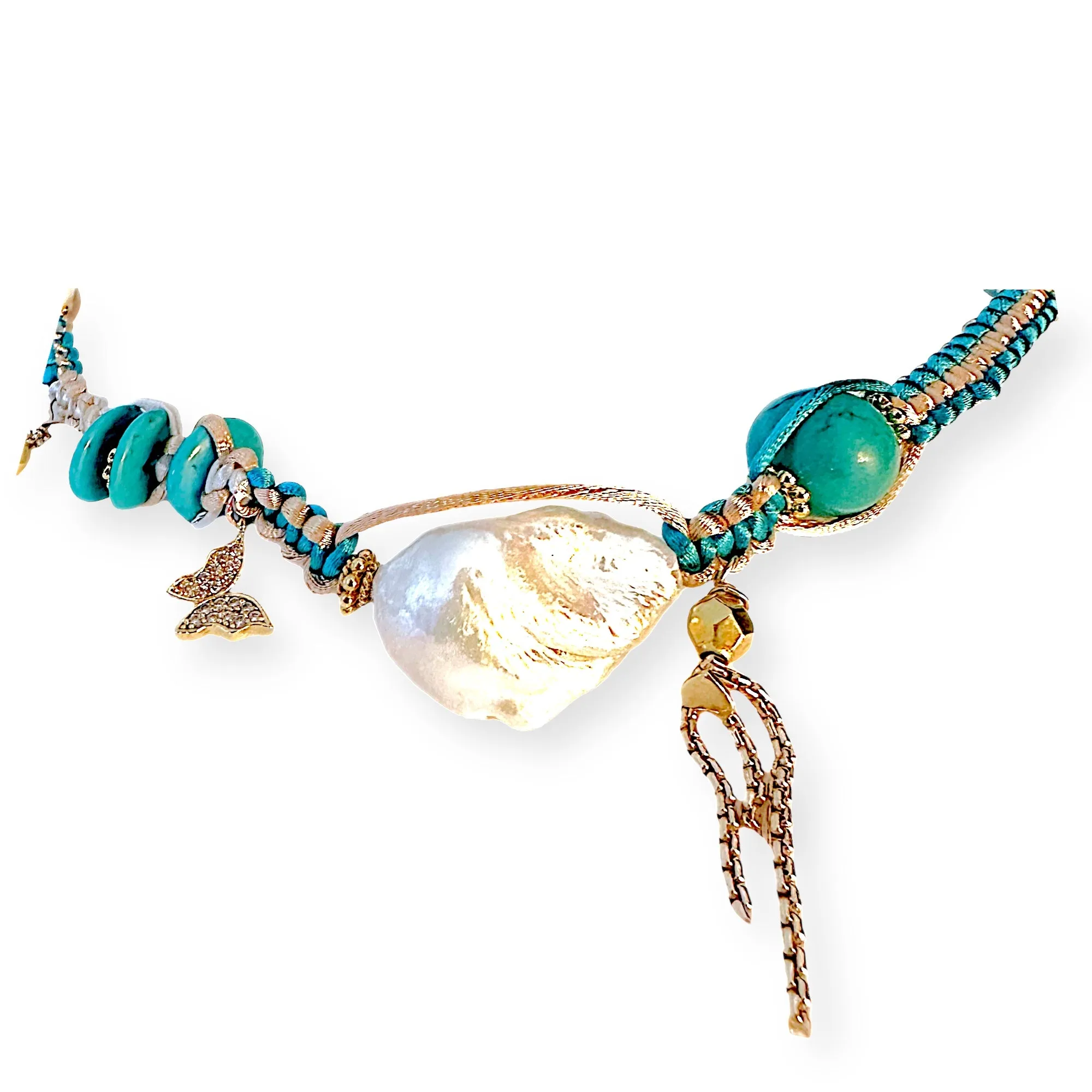 TURQUOISE BEACH BAROQUE PEARL LUCKY CHARM GOLD SILK ROCKER NECKLACE