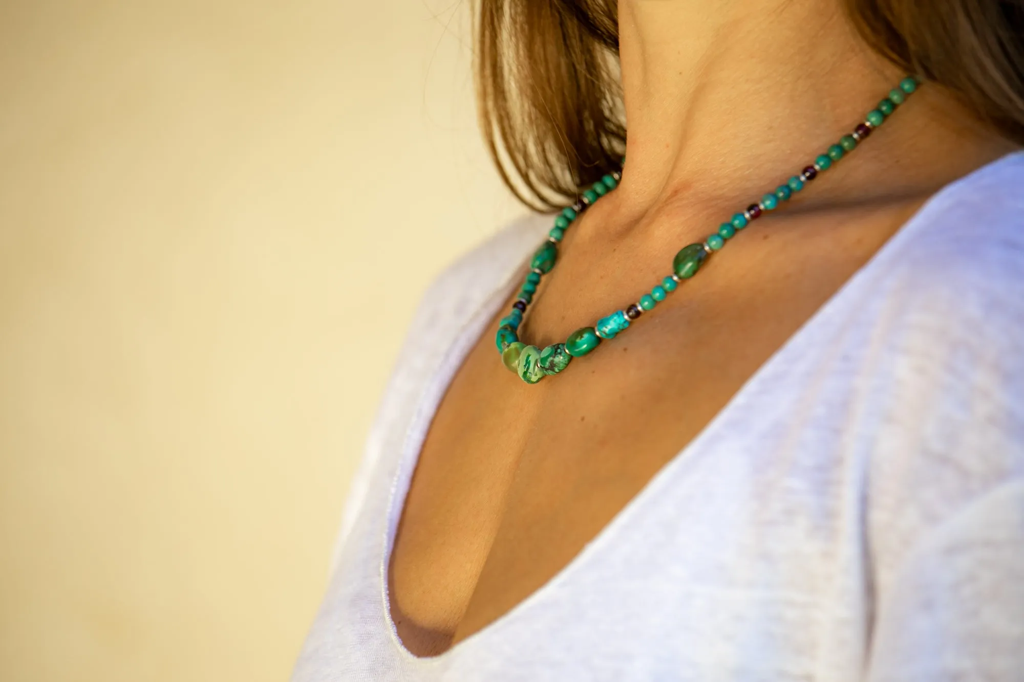 Turquoise necklace with Garnet and silver beads