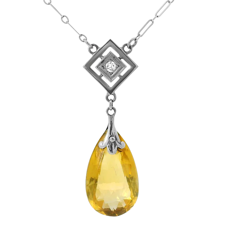 Vintage 14k White Gold Citrine, Diamond, and Pearl Necklace