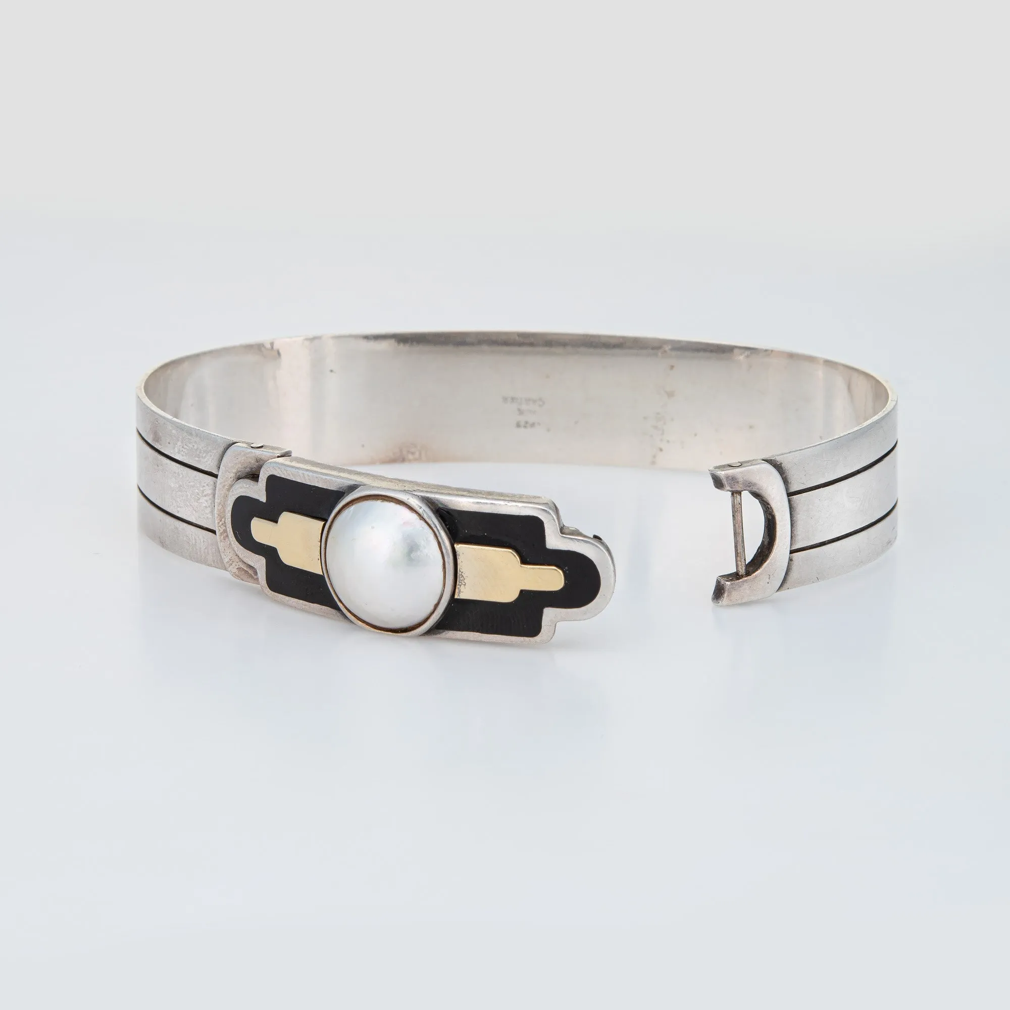 Vintage 70s Cartier Bracelet Sterling Silver 18k Gold Mabe Pearl Signed Jewelry