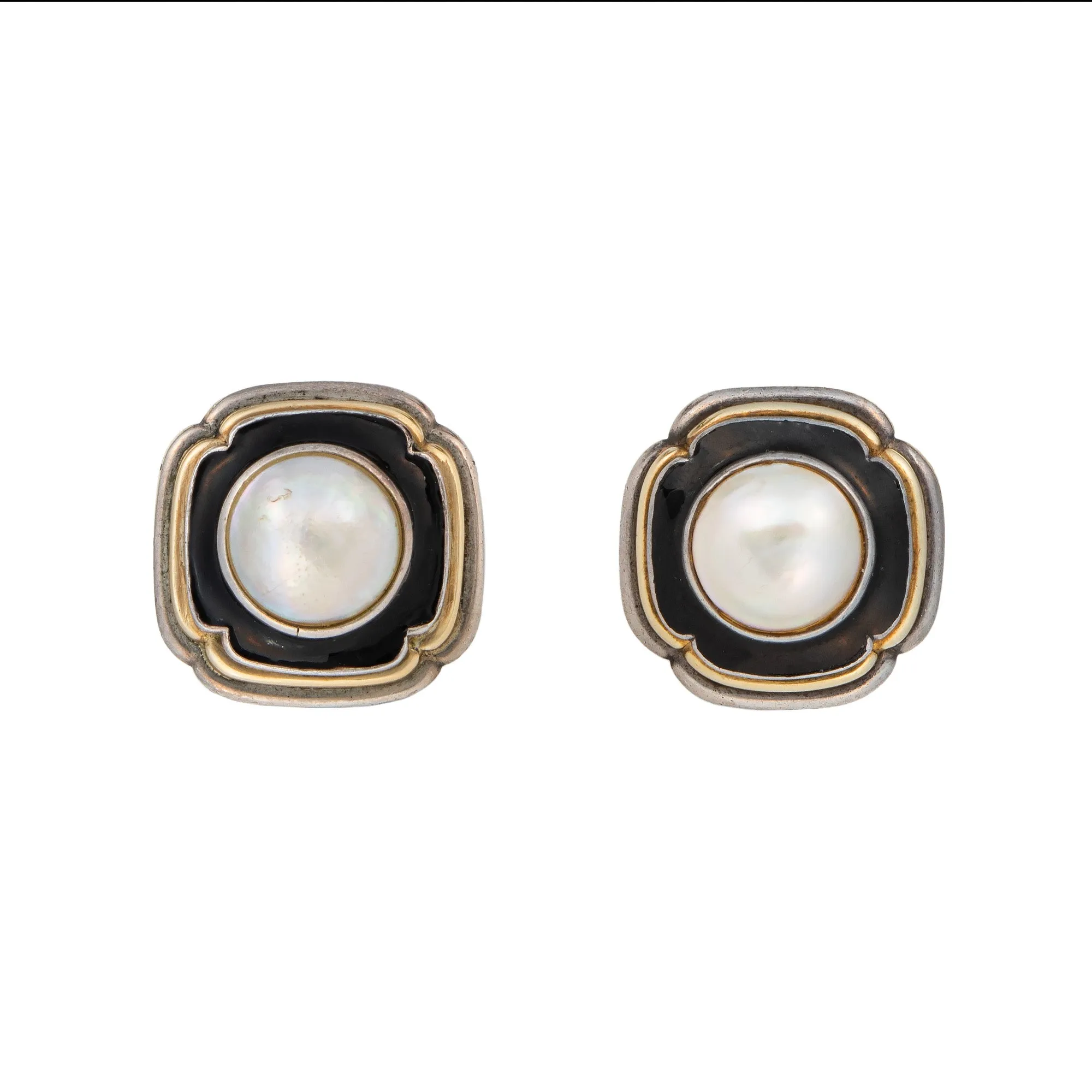 Vintage 70s Cartier Earrings Sterling Silver 18k Gold Mabe Pearl Signed Jewelry