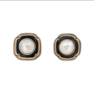 Vintage 70s Cartier Earrings Sterling Silver 18k Gold Mabe Pearl Signed Jewelry