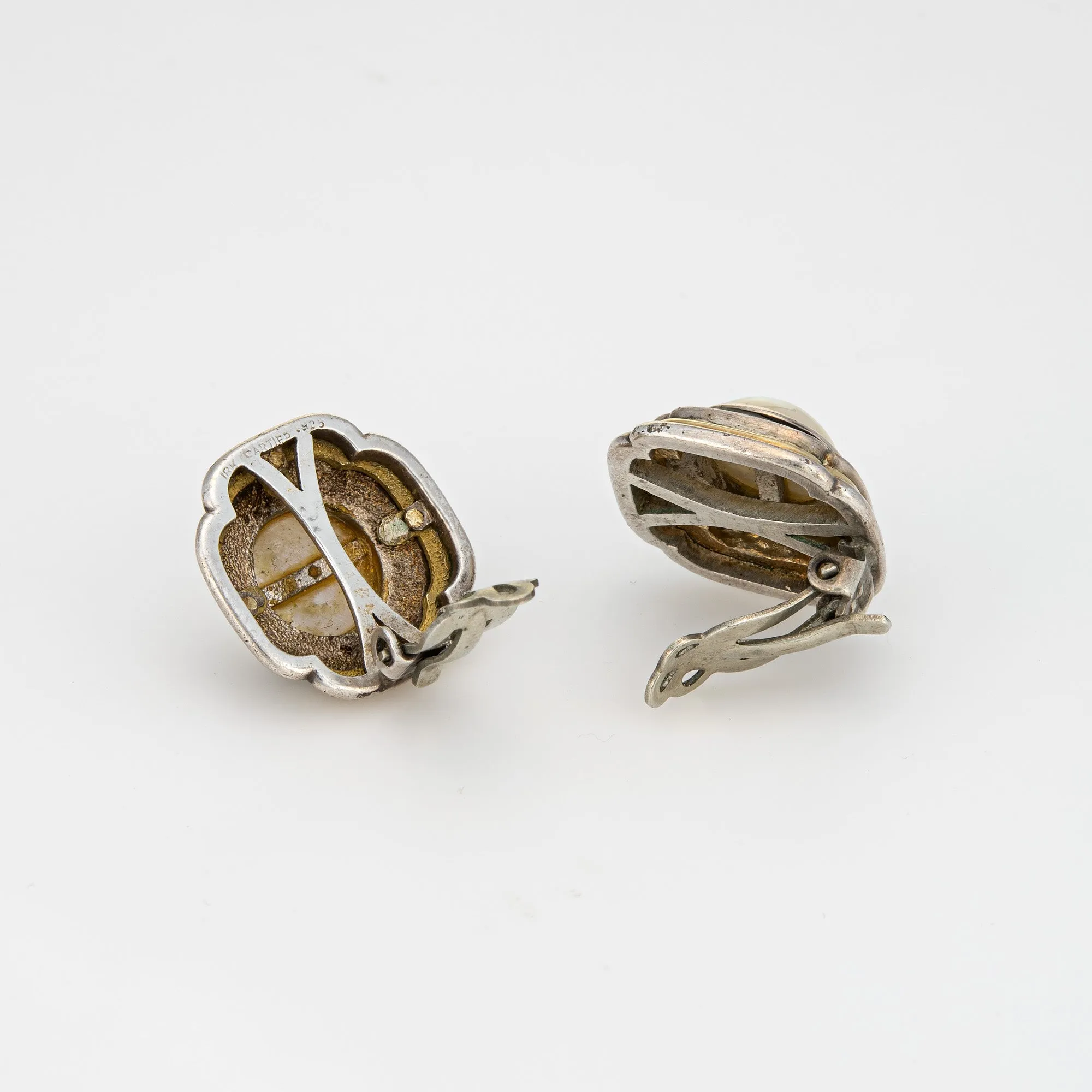 Vintage 70s Cartier Earrings Sterling Silver 18k Gold Mabe Pearl Signed Jewelry