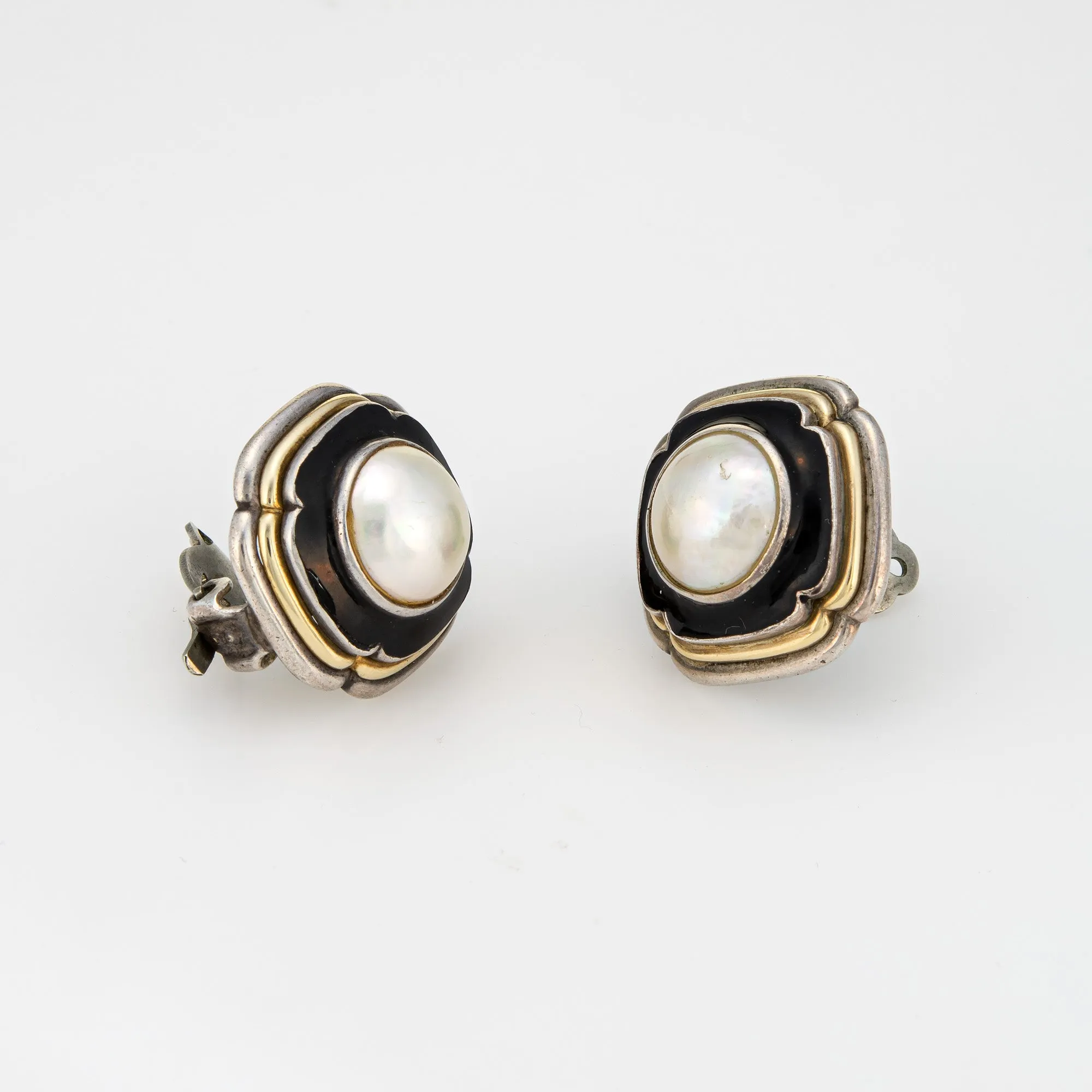 Vintage 70s Cartier Earrings Sterling Silver 18k Gold Mabe Pearl Signed Jewelry